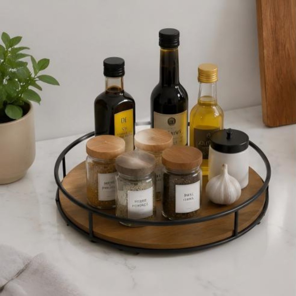 Kitchen Utensil Storage Iron and Wood Round Tray | Custom Sizes Available